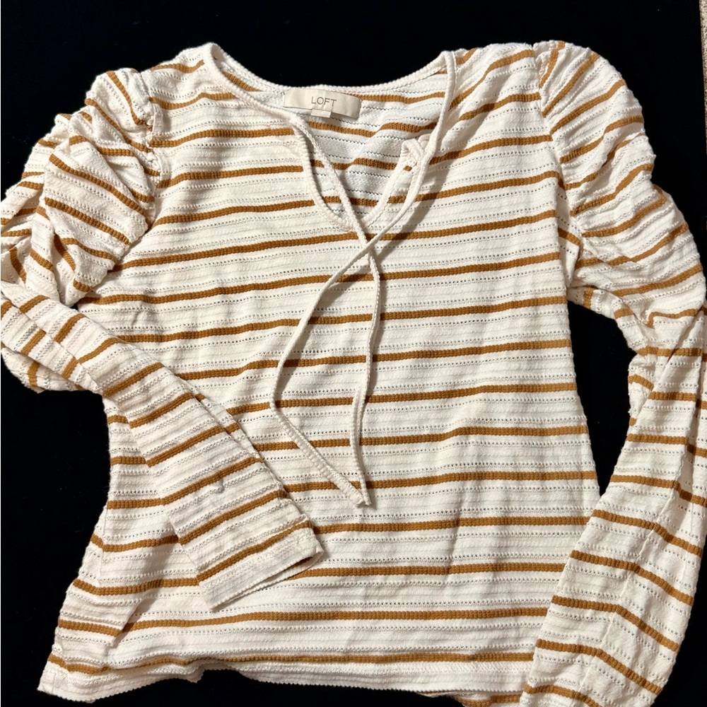 LOFT Cream and Brown Striped Long Sleeve Top